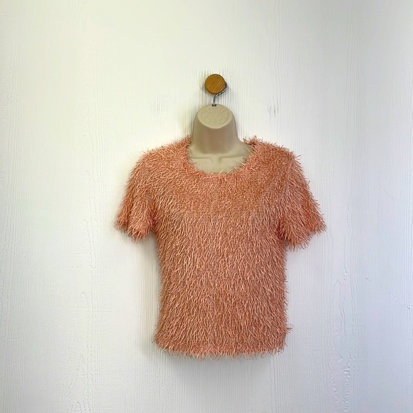 Zara - Shaggy Fringe Pink Blush Short Sleeve Top Size Small - Picture 1 of 10